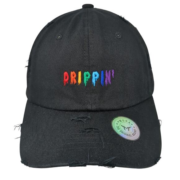 Drippin' Slideback Baseball Cap Black One Size Embroidered Distressed Mu:ka: - Picture 1 of 10